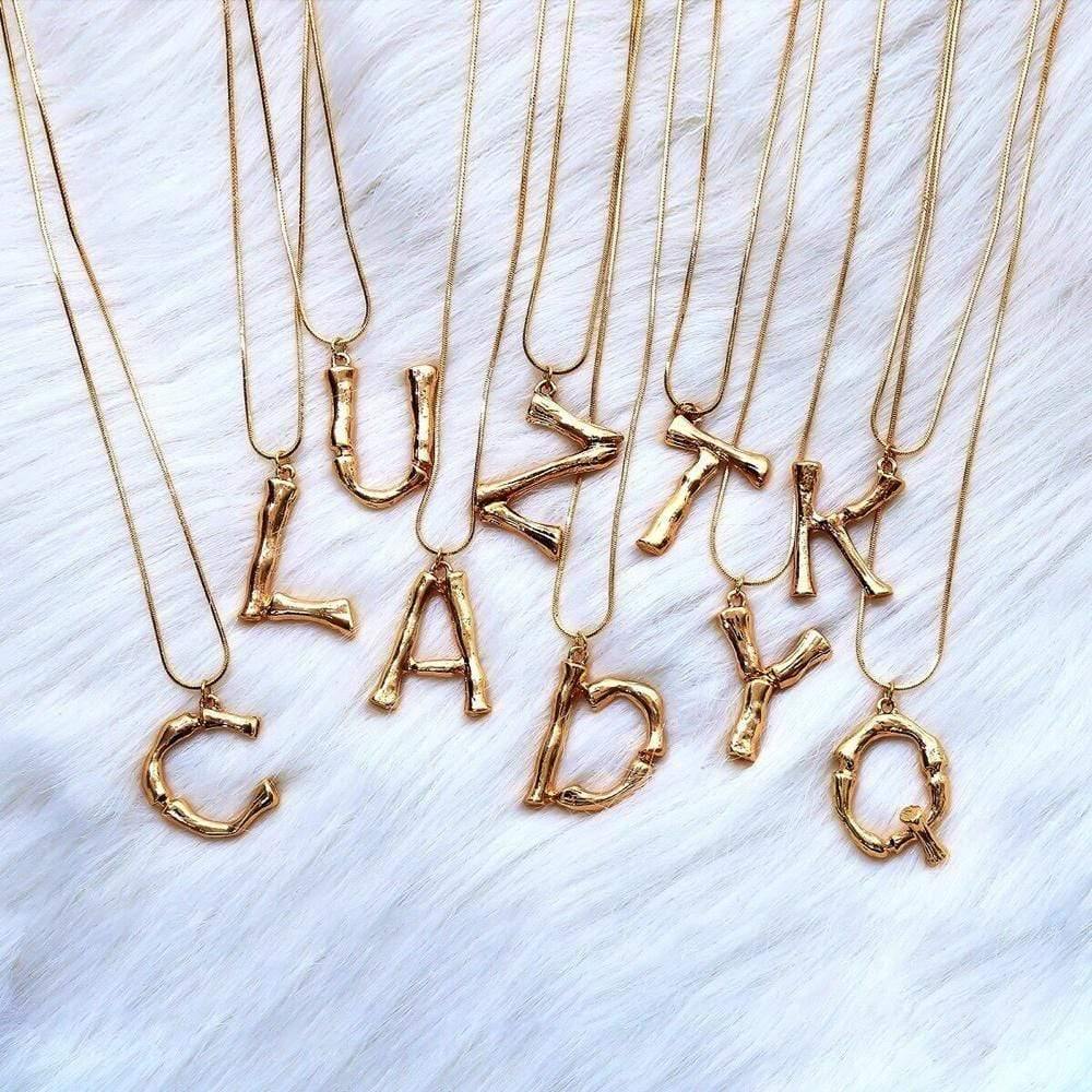 Gold Bamboo Letter Necklace (Pendant & Chain)